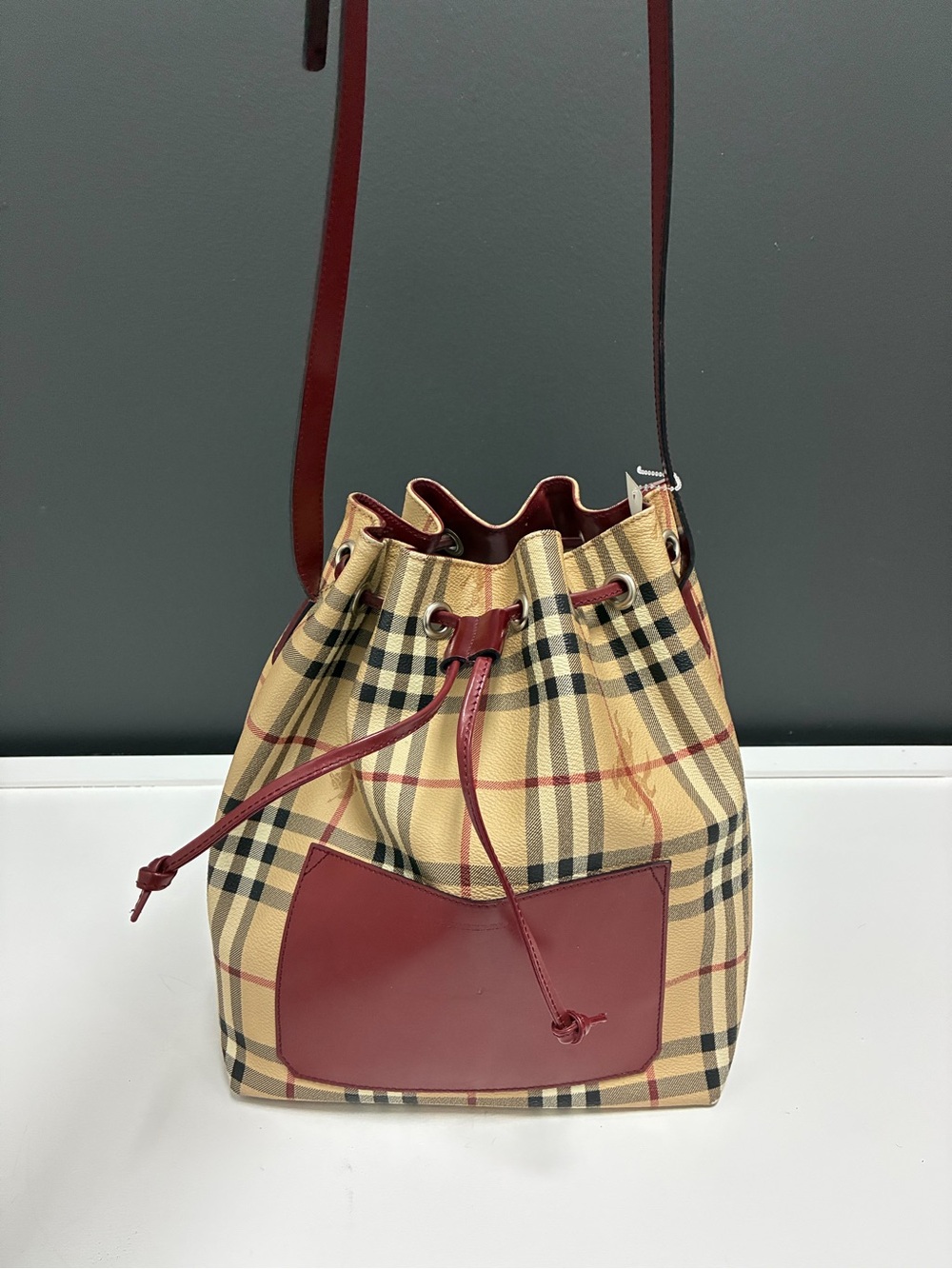 Burberry classic Plaid Bucket Bag with Red Trim